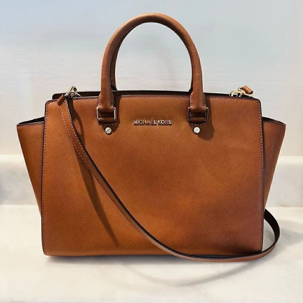 Michael Kors Womens Handbag Brown Cognac Saffiano Leather Large Selma Tote Bag P
